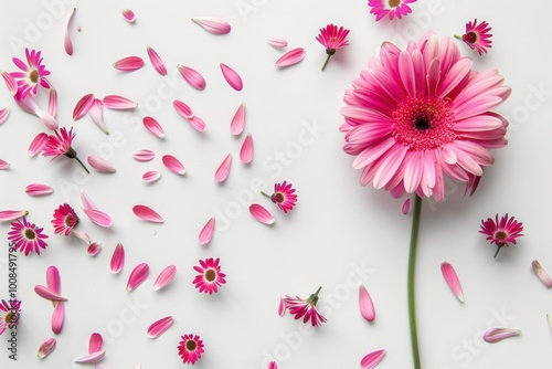 Beautiful pink gerbera daisy surrounded by delicate petals in a floral flat lay showcasing nature-inspired beauty and vibrant colors






