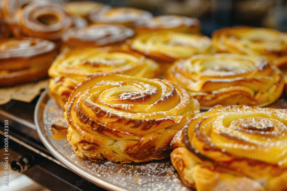 A bakery showcase with swirls topped with cinnamon and sugar, freshly baked..