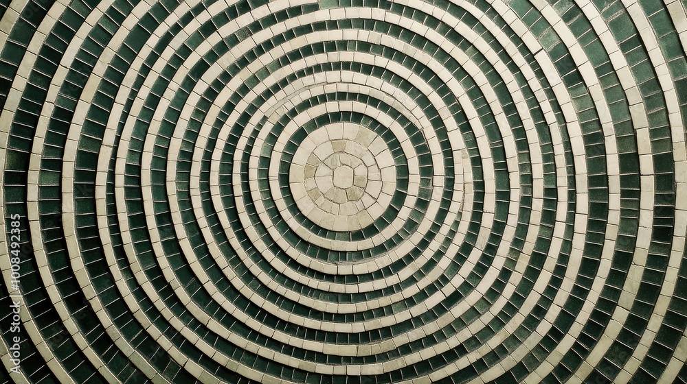 A series of small, circular tiles arranged in concentric rings of light gray and dark green, creating a hypnotic, repeating circular motif. A series of small, circular tiles arranged in concentric rings of light gray and dark green, creating a hypnotic, repeating circular motif.