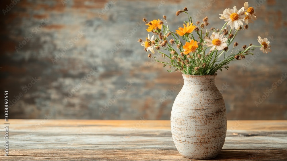 Rustic Floral Arrangement in Ceramic Vase on Wooden Table Rustic Floral Arrangement in Ceramic Vase on Wooden Table