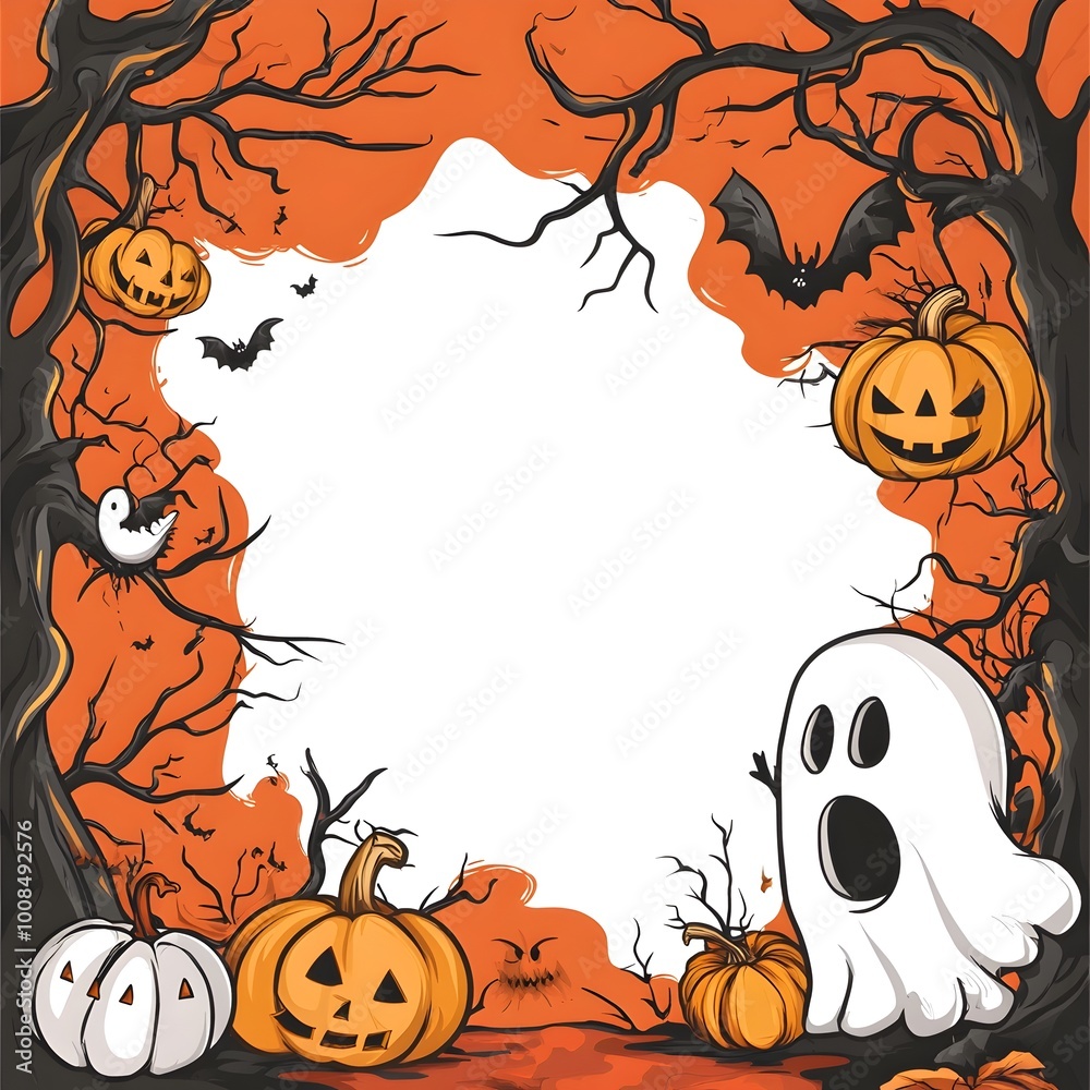Spooky Cartoon Halloween Background with Pumpkins Ghosts and Bats in Autumn Nightscape Spooky Cartoon Halloween Background with Pumpkins Ghosts and Bats in Autumn Nightscape