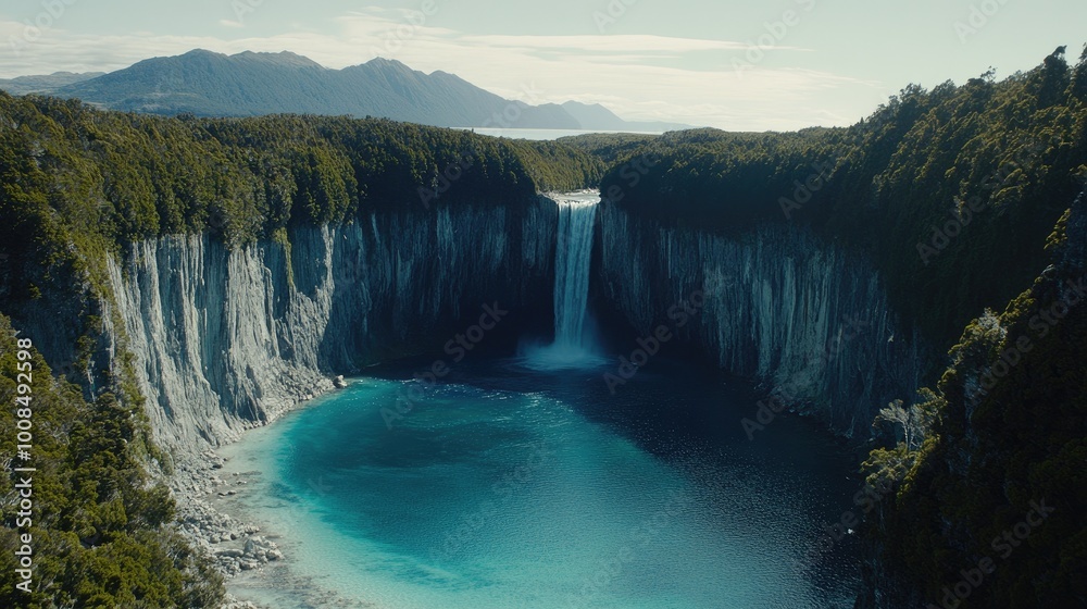 Drone shot of a high waterfall cascading down rugged cliffs into a clear blue pool surrounded by dense forest Drone shot of a high waterfall cascading down rugged cliffs into a clear blue pool surrounded by dense forest