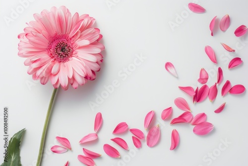 Beautiful pink gerbera daisy surrounded by delicate petals in a floral flat lay showcasing nature-inspired beauty and vibrant colors






