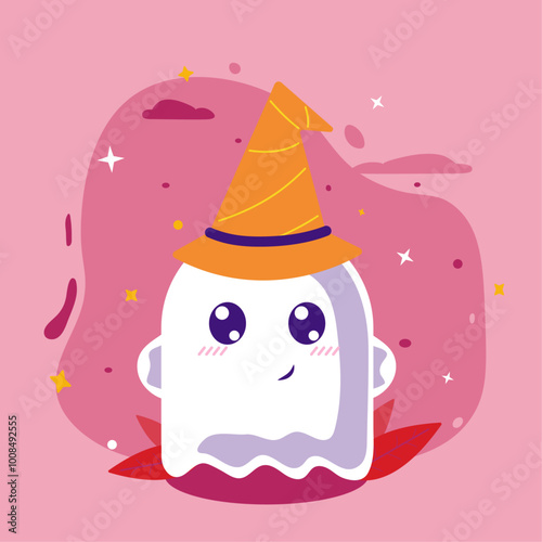 Halloween cute ghost character poster with orange hat on pink background, leaves, clouds, stars in flat style for posters, banners, wallpapers, icons	 photo