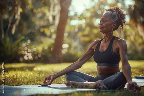 An old woman does yoga in the park. The morning summer sun is shining. The woman is healthy and happy.