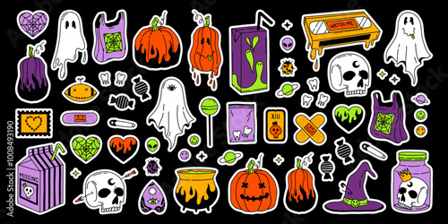 Happy Halloween hand drawn big sticker pack. Vector stickers in purple, green, orange colors. Scary doodles. Ghost, pumpkin, video cassette, juice, skull, tarot, plastic bag, teeth, witch, heart