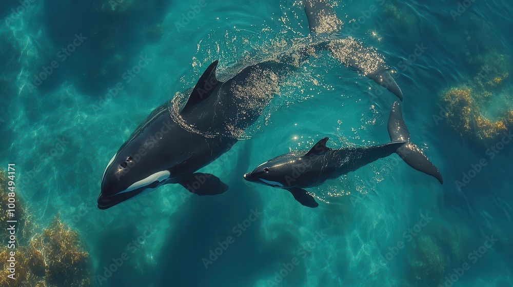 Obraz premium a magnificent baby killer whale swimming closely beside its mother captured in a heartwarming closeup highlighting the bond between them in the clear blue ocean