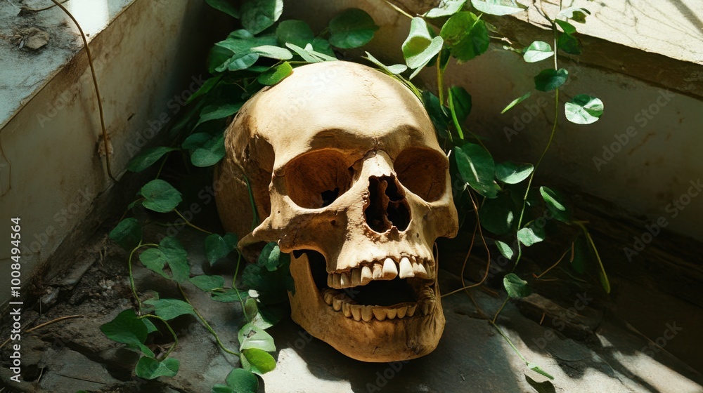 A decayed skull lying in an abandoned ruin, with creeping vines and shadows engulfing the scene. Grunge-style realism A decayed skull lying in an abandoned ruin, with creeping vines and shadows engulfing the scene. Grunge-style realism