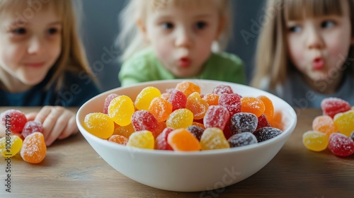 Three children looking at a bowl full of candy