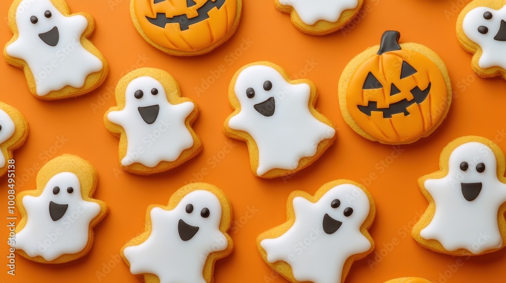 A festive pattern of ghost and pumpkin-shaped cookies on an orange background, perfect for Halloween decoration. Realistic, detailed A festive pattern of ghost and pumpkin-shaped cookies on an orange background, perfect for Halloween decoration. Realistic, detailed