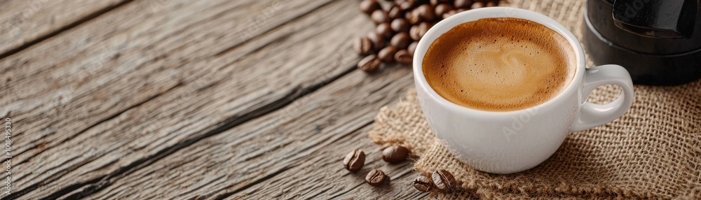 Warm coffee cup on rustic wooden table with coffee beans and burlap. Warm coffee cup on rustic wooden table with coffee beans and burlap.