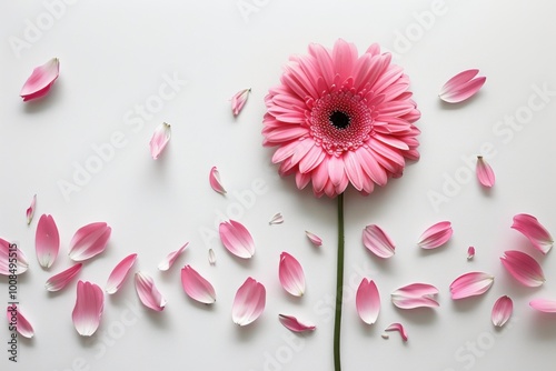 Beautiful pink gerbera daisy surrounded by delicate petals in a floral flat lay showcasing nature-inspired beauty and vibrant colors






