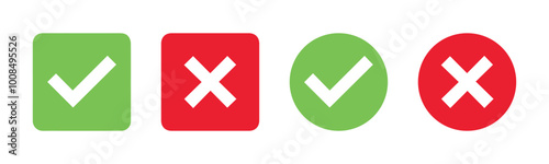 check mark icon button set. check box icon with right and wrong buttons and yes or no checkmark icons in green tick box and red cross