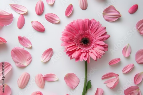 Beautiful pink gerbera daisy surrounded by delicate petals in a floral flat lay showcasing nature-inspired beauty and vibrant colors






