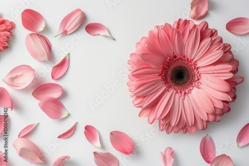 Beautiful pink gerbera daisy surrounded by delicate petals in a floral flat lay showcasing nature-inspired beauty and vibrant colors






