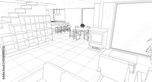 interior kitchen living room 3d illustration
