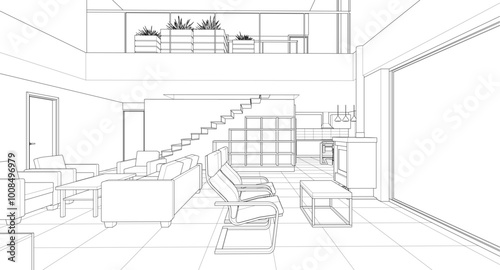 interior kitchen living room 3d illustration
