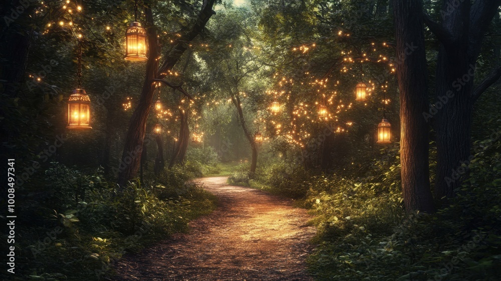 Obraz premium A magical forest pathway illuminated by warm lantern light at twilight, creating an enchanted and serene atmosphere. Realistic, highly detailed