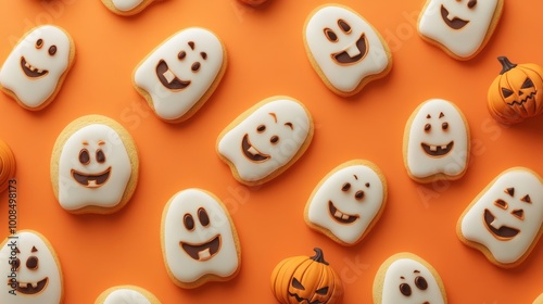 A pattern of cookies shaped like smiling ghosts and pumpkins on an orange background, perfect for Halloween treats. Realistic, very detailed