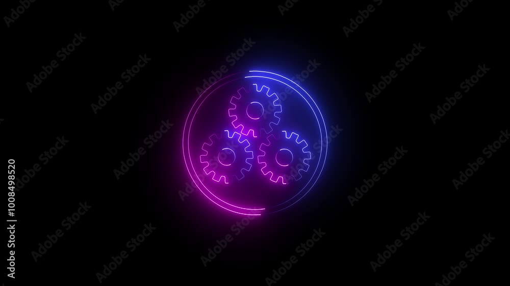 Glowing neon purple blue color gear icon looped animation on black background Glowing neon purple blue color gear icon looped animation on black background