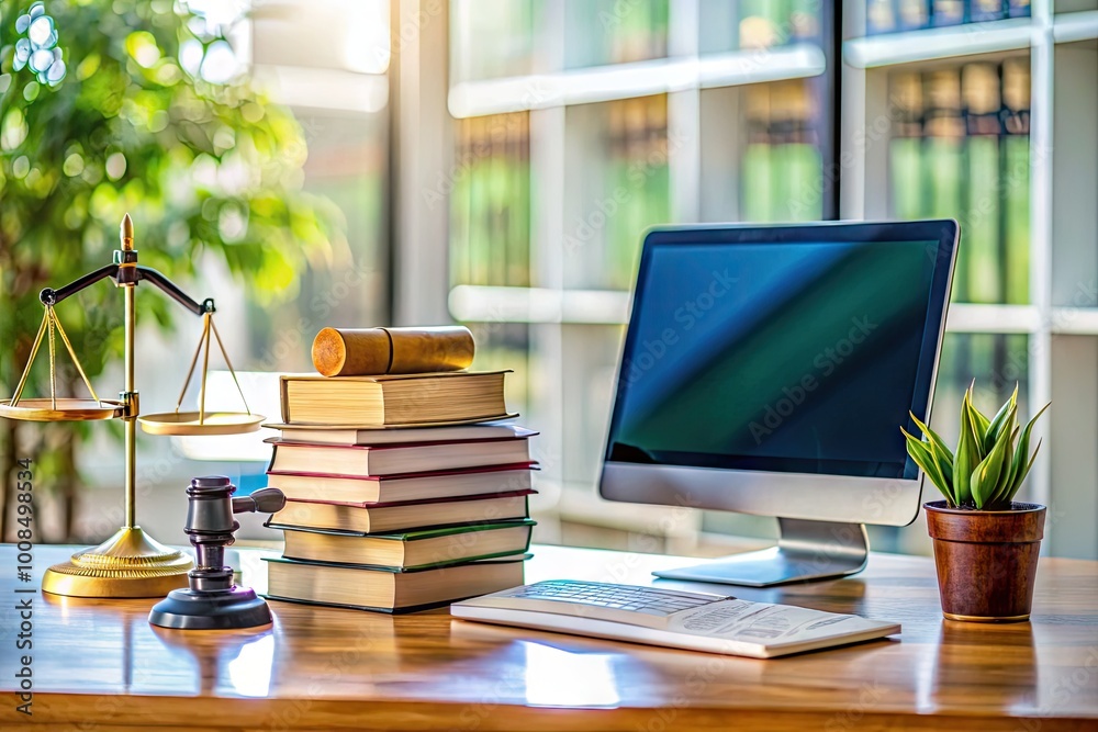 Education and Compliance Concept with Books, Computer, and Legal Documents on a Desk Background