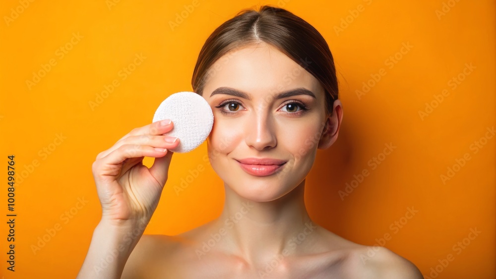 Gracefully poised, a woman’s hand gently grasps a cotton pad on a bright orange backdrop, highlighting beauty and Gracefully poised, a woman’s hand gently grasps a cotton pad on a bright orange backdrop, highlighting beauty and