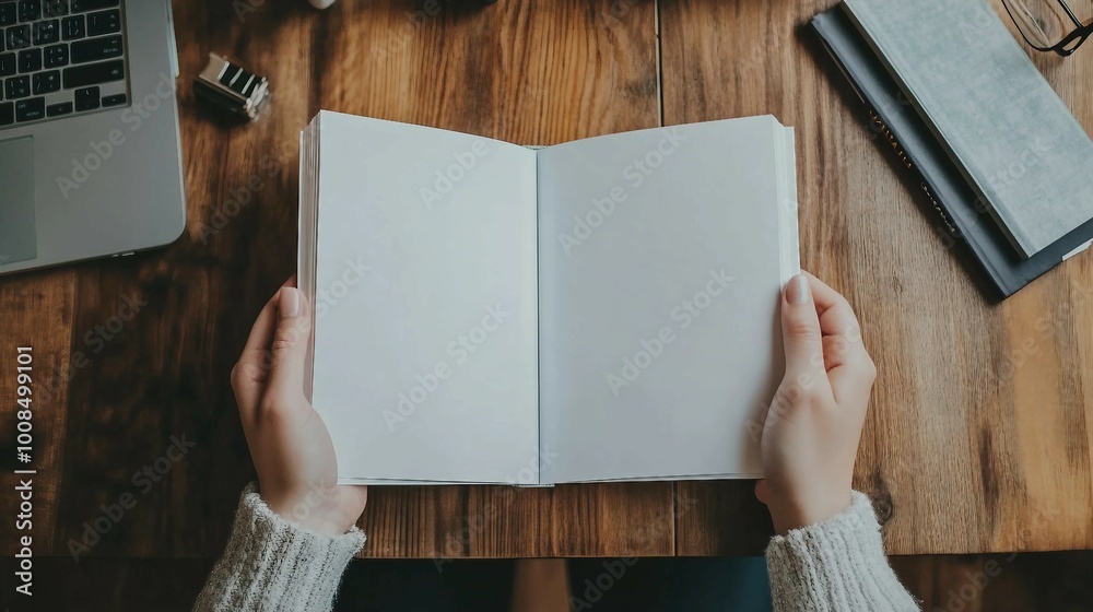 Person Holding Open Blank Notebook on Wooden Table