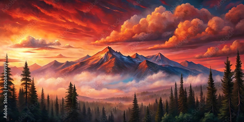 A Fiery Sunset Illuminates a Serene Mountain Range, Cloaked in Wispy Clouds and Lush Evergreen Trees A Fiery Sunset Illuminates a Serene Mountain Range, Cloaked in Wispy Clouds and Lush Evergreen Trees