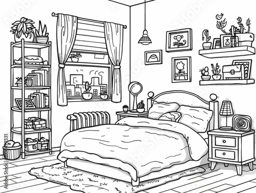 A bedroom with a bed, nightstand, and lamp. The room is decorated with a lot of books and plants