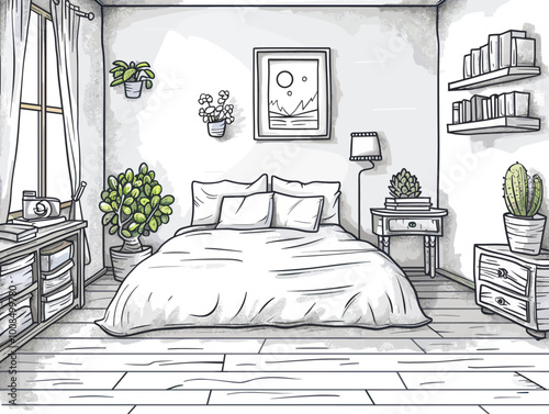 A white bedroom with a bed, a desk, a lamp, and a potted plant. The room is clean and organized, with a minimalist design. The bed is the focal point of the room