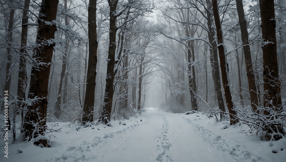 Fototapeta premium A snowy forest path, trees covered in frost, leads into a misty distance.
