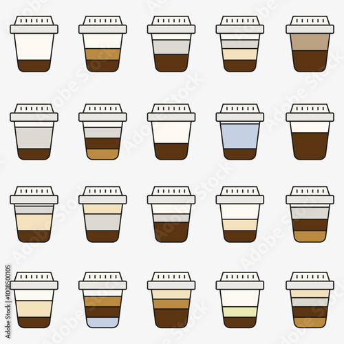 A set of types of coffee and their preparation. Types of coffee. Cafe menu. Flat style.