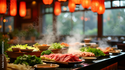Ingredients for Japanese shabu buffet in a restaurant