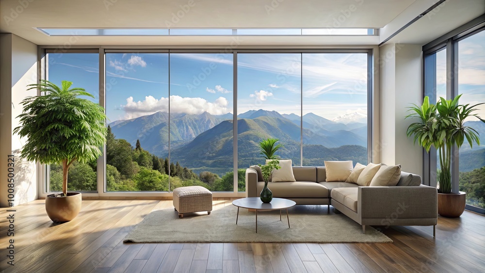 Fototapeta premium Modern Sectional Sofa with Panoramic Mountain View in a Room with Natural Light and Greenery
