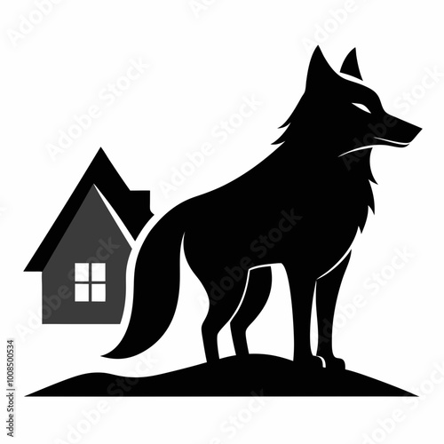 Wolf looking at house silhouette vector illustration on white background