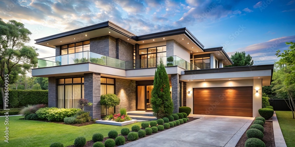 Fototapeta premium Modern home with a sleek design, featuring a spacious driveway, lush landscaping, and a welcoming entryway.