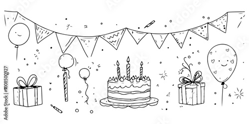 Black and white line drawing, birthday party elements such as balloons, cake, streamers, banner, gift box, champagne glass vector illustration set.