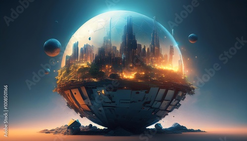 A futuristic, glowing globe cityscape surrounded by planets, blending vibrant colors and intricate designs in a surreal sci-fi setting.