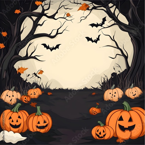 Spooky Halloween Backdrop with Pumpkins Bats and Haunting Forest Silhouettes