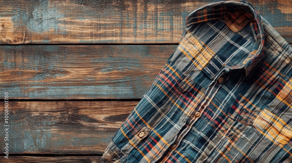 Cozy Plaid Shirt on Rustic Wooden Background Cozy Plaid Shirt on Rustic Wooden Background