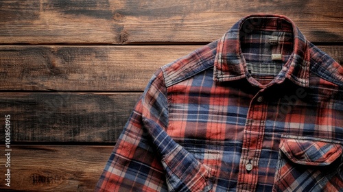 Rustic Plaid Shirt on Weathered Wooden Background