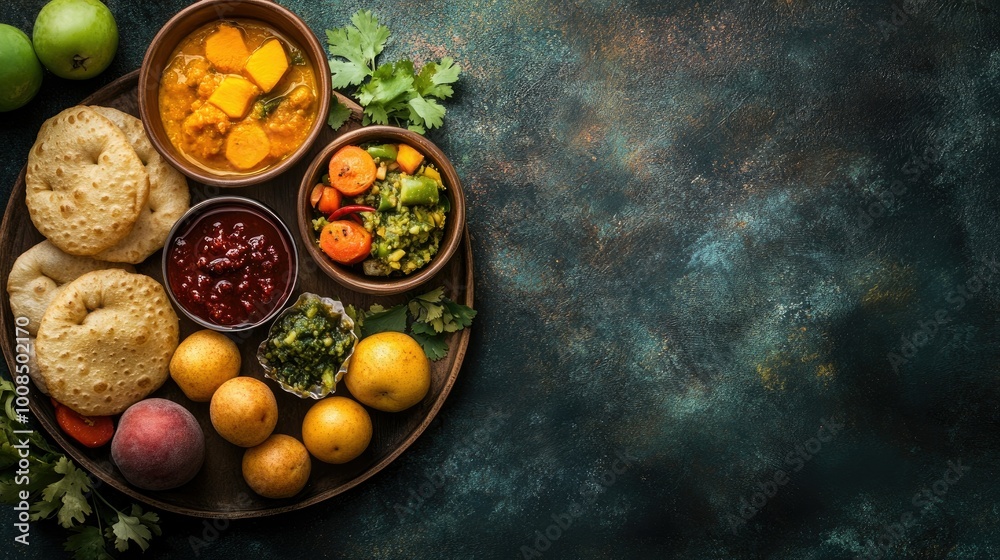 Traditional Indian school meal with poori, sabzi, and fruits, arranged with space for copy. Traditional Indian school meal with poori, sabzi, and fruits, arranged with space for copy.