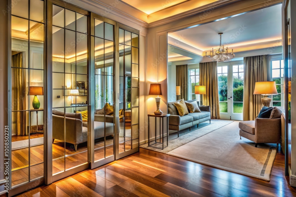 Elegant and Modern Mirror Doors Reflecting Light in a Stylish Interior Living Space Design Elegant and Modern Mirror Doors Reflecting Light in a Stylish Interior Living Space Design