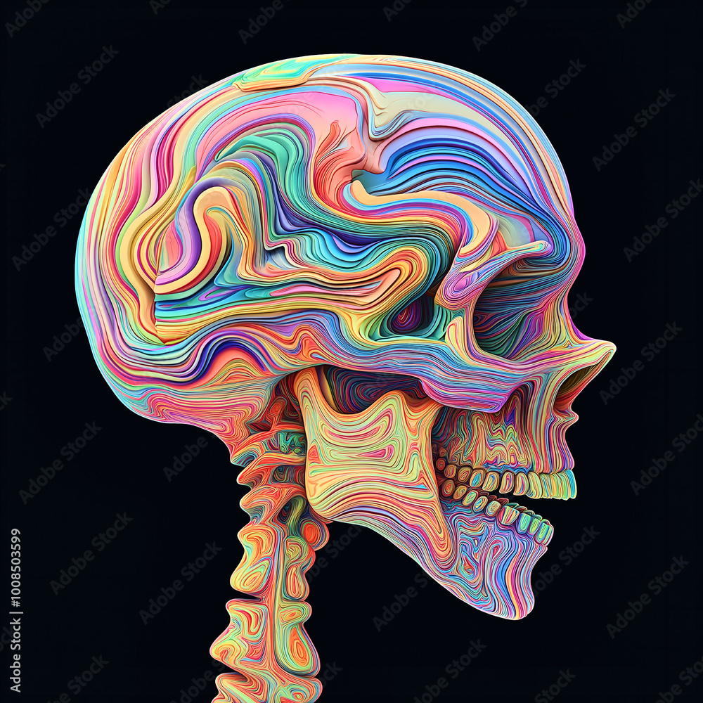 Obraz premium Fractal Skeleton Skull, Colorful Liquid Paint Waves Pattern, Album Cover, Halloween Party. Spooky, Scary, Creative Minimal Funny 3D Cartoon, Surreal Psychedelic Art, Trendy Modern Banner Post 