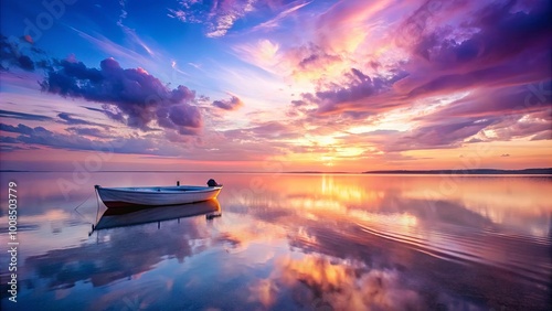 A Solitary Boat Anchored in a Still Lake at Sunset with Reflected Hues of Pink, Orange, and Purple in the Water