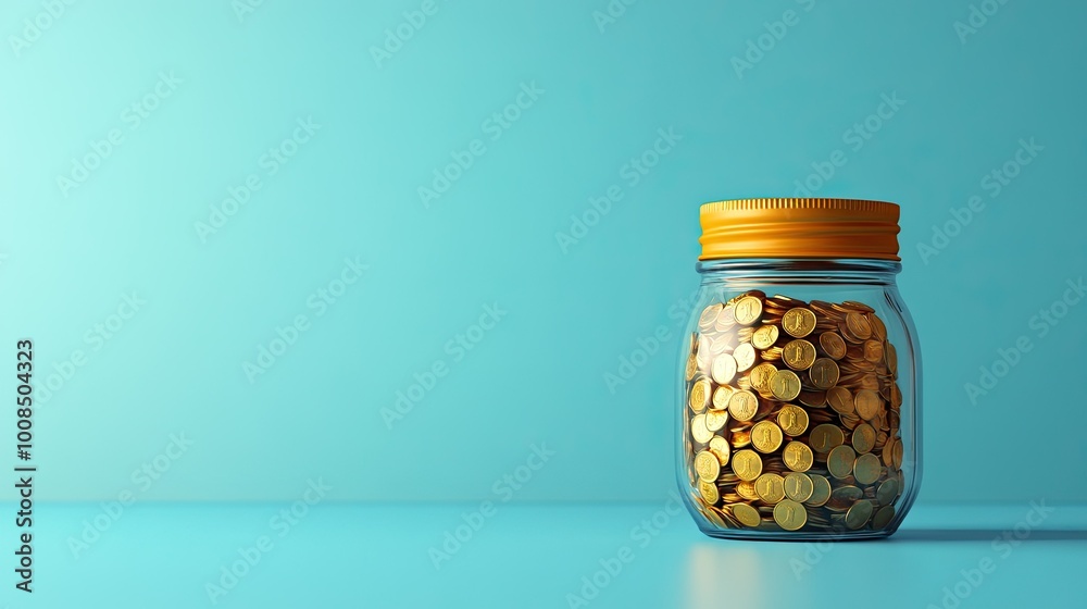 A symbolic savings jar filled with rupee coins on a plain background, with ample copy space A symbolic savings jar filled with rupee coins on a plain background, with ample copy space