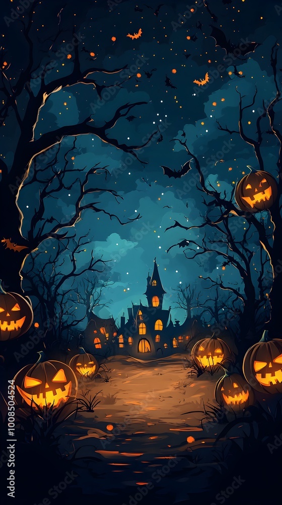 Enchanting Haunted Halloween Forest with Pumpkins Bats and Ghostly Mansion