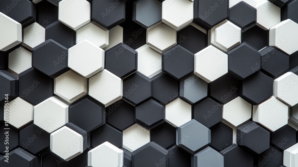 Angular, overlapping hexagons in shades of black and white, forming a complex, interconnected pattern that adds depth and modernity. Angular, overlapping hexagons in shades of black and white, forming a complex, interconnected pattern that adds depth and modernity.