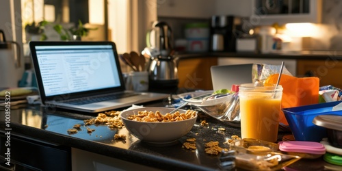 A busy kitchen counter during breakfast rush