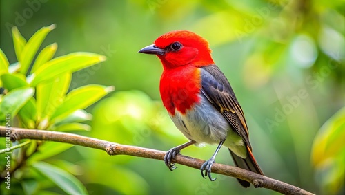 Crimson Bird Perched on a Branch, Its Bright Plumage a Contrast to the Lush Green Foliage